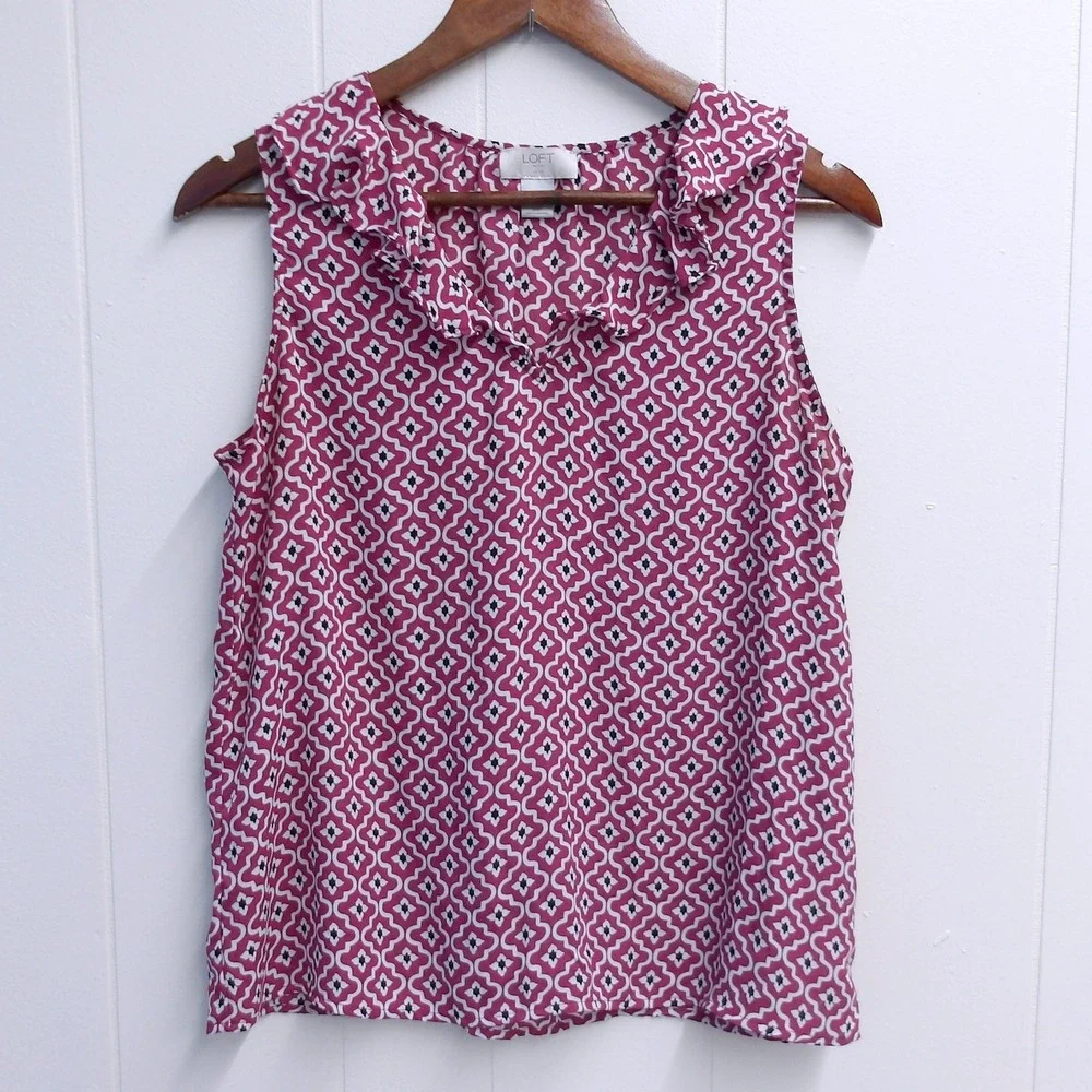 LOFT Sleeveless Ruffle Blouse Geometric‎ Print Casual Top Size MP / #6319 - Picture 2 of 5
